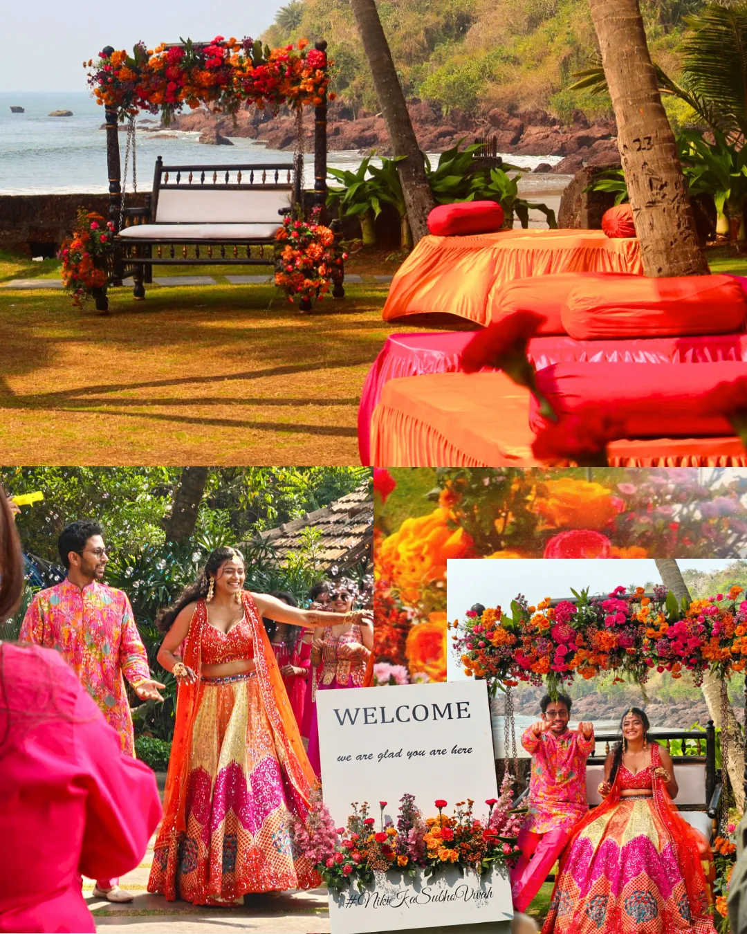 A colourful Mehendi setup for N♡S with phoolon ka jhula, floral table tops & festive drapes 💗🌼