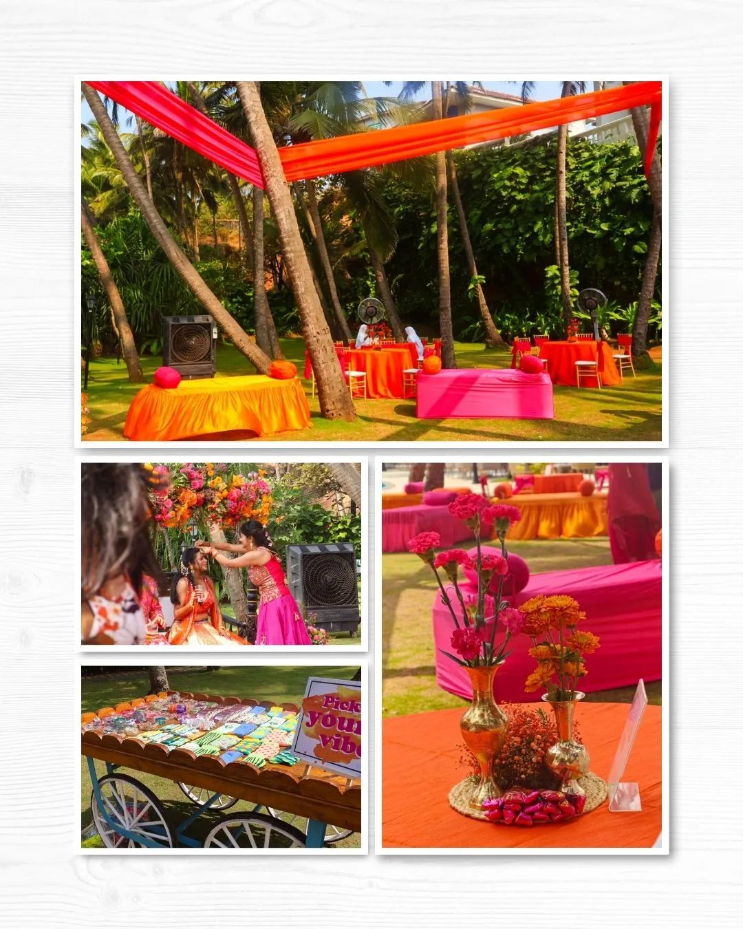 A colourful Mehendi setup for N♡S with phoolon ka jhula, floral table tops & festive drapes 💗🌼